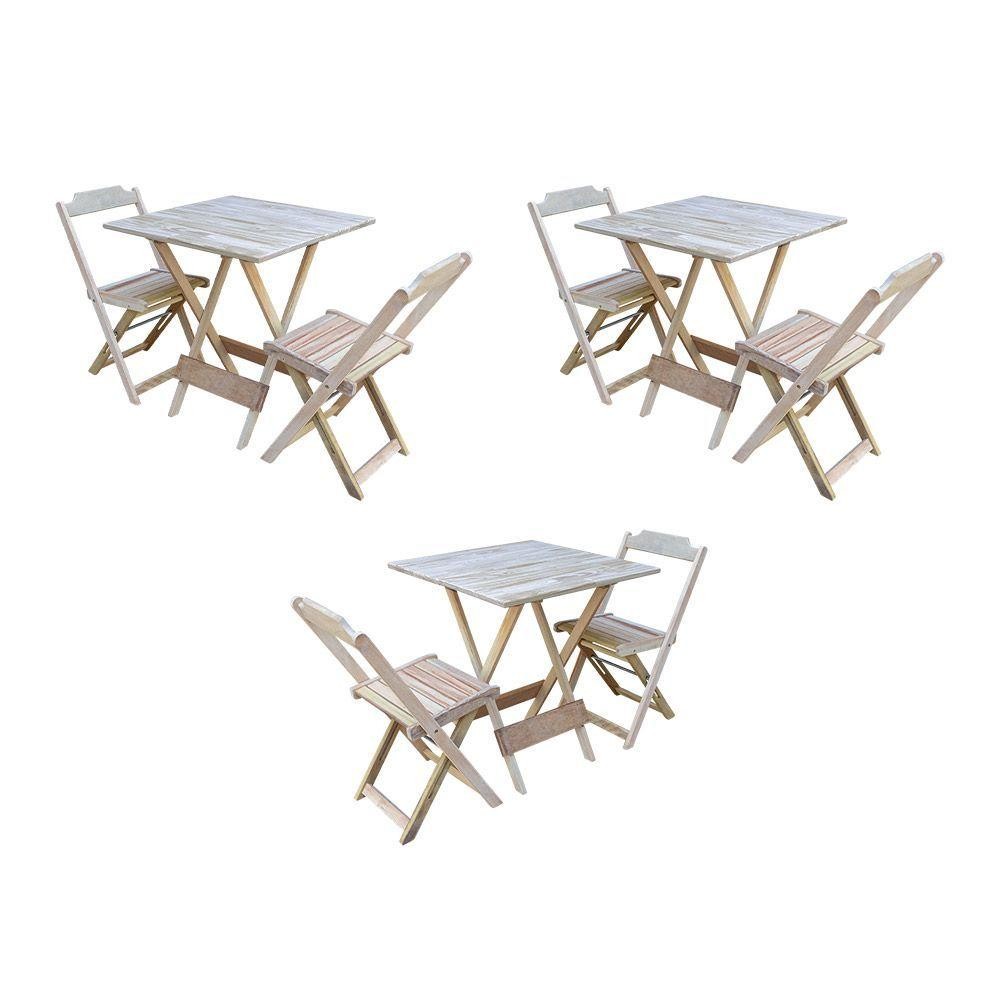 Kit 3 Conjuntos De Mesa Dobravel Com 2 Cadeiras De Madeira 70X70 Para Restaurante E Bar - Sem Pintur