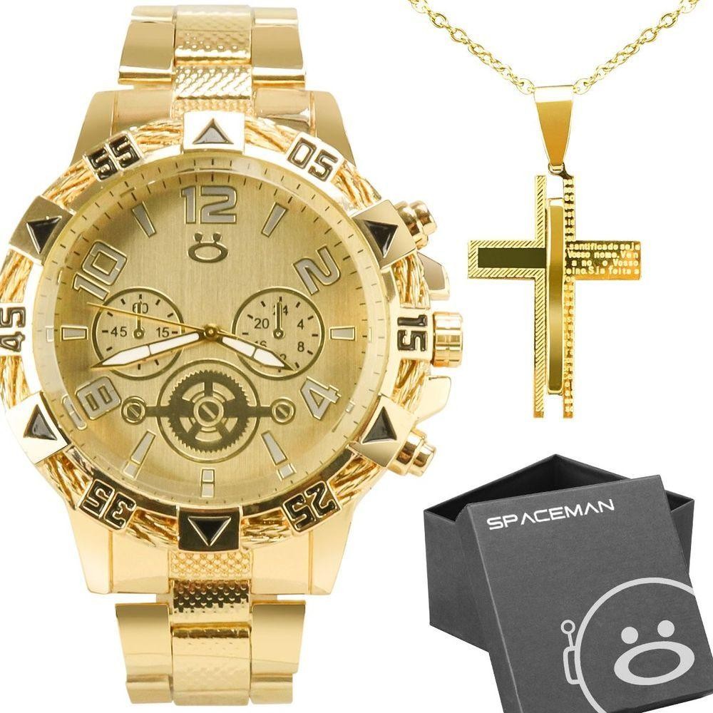 Relogio Masculino Dourado Aço Inoxidavel + Caixa + Cordão Presente Pulseira Ajustavel Analogico - Watches