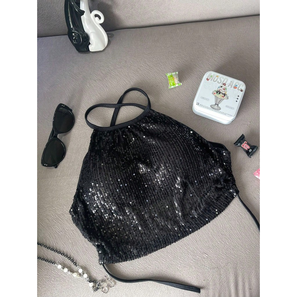 Cropped Feminino Bico Com Brilho Com Bojo Estilo Halter Neck Com Cadarço