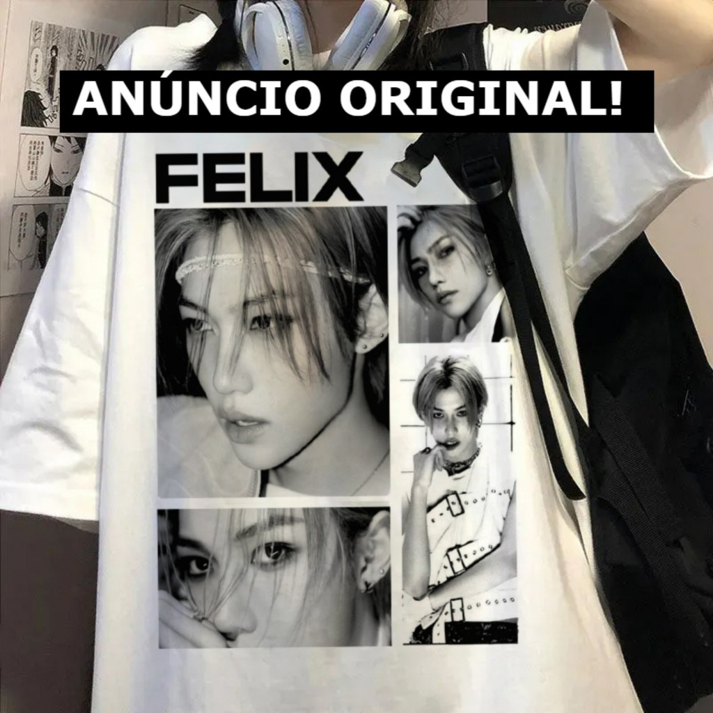 Camisa Casual K-pop Estampa Felix Algodão 100% Blusa Grupo Coreano Camiseta Idol Coreano Feminina Confortável Look