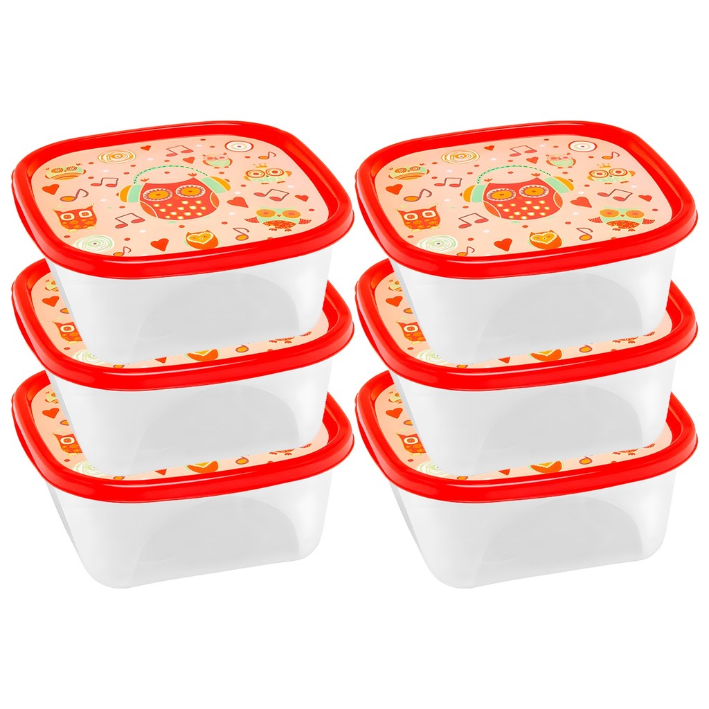 Kit De 06 Potes Plastico Com Tampa Para Marmita E Alimentos Coruja Vermelha Jaguar