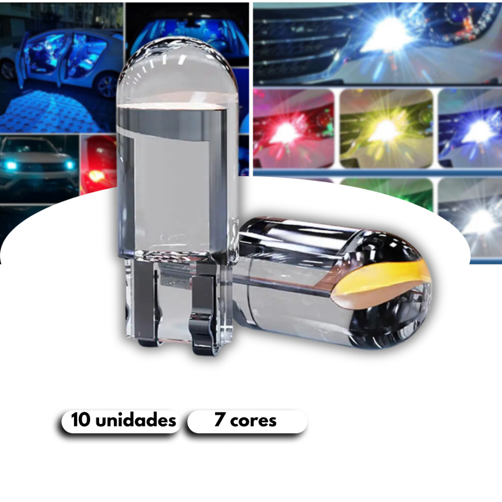 Kit 10 Lâmpada Led Pingo T10 Carro Diversas Cores 9mm 23mm 0,36W-COB Corrente 0,03A - DC12V HORIZON