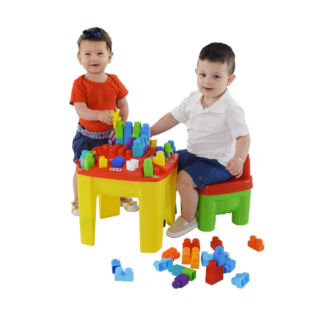 Mesa Infantil com Cadeira e Blocos de Montar Dismat MK443 | Brinquedo Educativo Didático 70 Peças