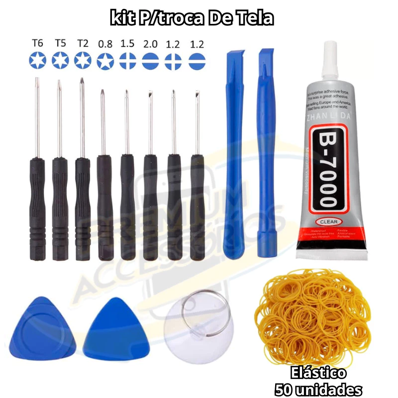 Kit de ferramentas + Cola + Elástico Para troca reparos manutenção de tela - Conserto de smartphone