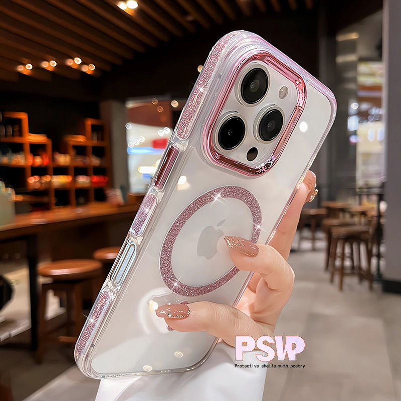 Luxo Magnético Menina Rosa Glitter Caso Para iPhone 16 15 14 13 12 11 Pro Max Transparente Acrílico Capa Traseira em Oferta na Shopee