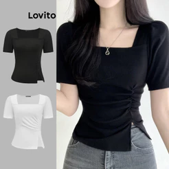 Lovito Casual Camiseta Verão Verão Dividida Para Mulheres L91ED094 (Multicolorido)