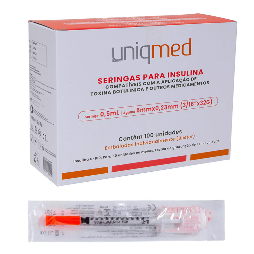 Seringa P/ Toxina / Insulina Botulínica 0,5ml 32gx5mm Cx 100un Uniqmed