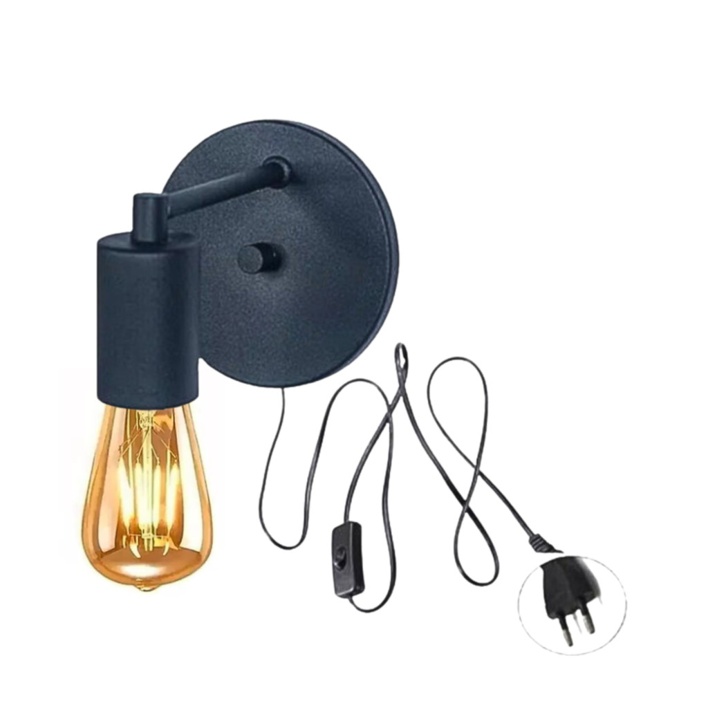 Arandela Parede Interruptor Tomada Preto Bivolt +Lâmpada Led St64 Branco Quente Bivolt