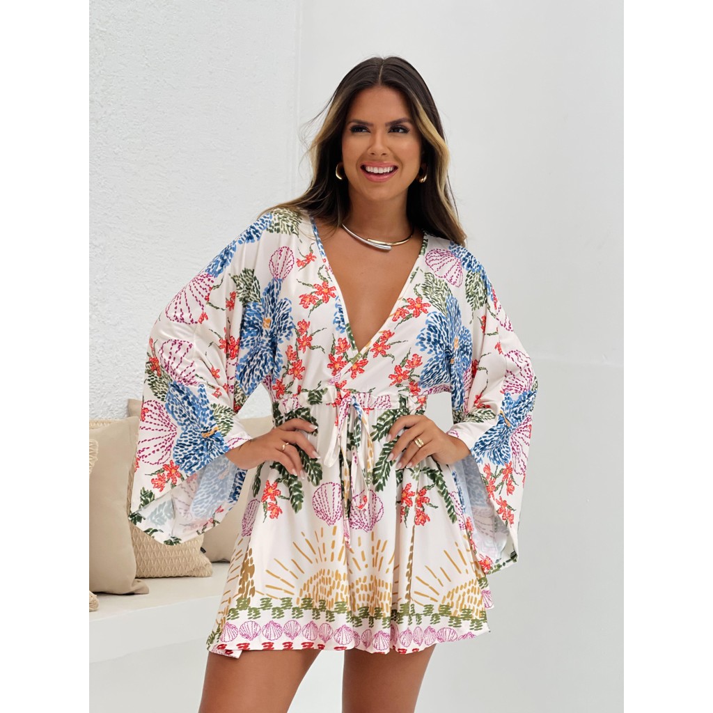 Macaquinho Feminino Decote V Estampado inspiração Farm Pontilismo