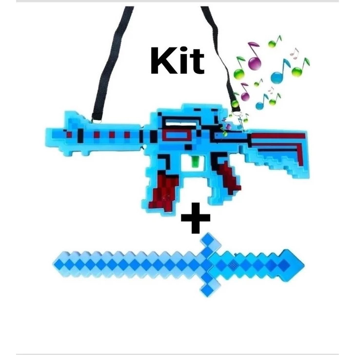 KIT Espada de brinquedo e Metralhadora Minecraft Azul Diamante Com Som E Luz