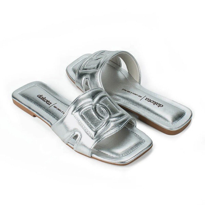 Sandalia Rasteira Feminina Dakota, Rasteirinha, Chinelo Slide, Prata, Metalico, Y7903