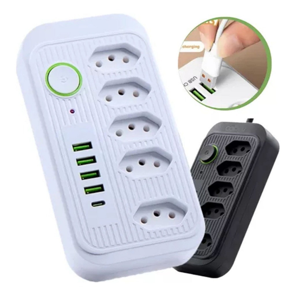 filtro de linha extensão de 2 metros com 5 tomadas 4 usb e 1 entrada tipo-c