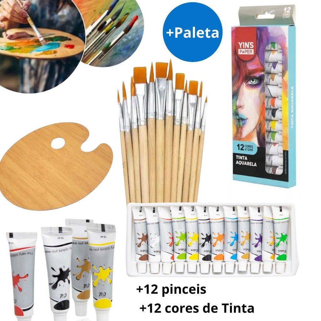 Imagem Kit 12 Pincéis Artesanato Pintura + 12 Cores de Tinta Aquarela + Paletas Pintura