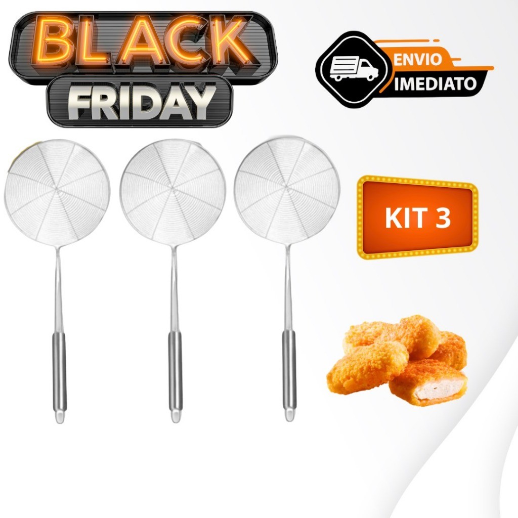 Kit 03 Escumadeira Para Fritura em Aço Inox De Pastel Batata Salgado Peneira Resistente Para Cozinha