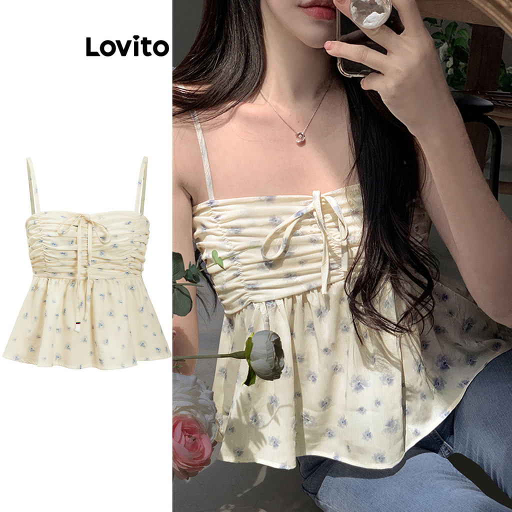 (LIVE STREAM SALE) Lovito Regata feminina Boho Ditsy floral com renda e franzido L95ED132