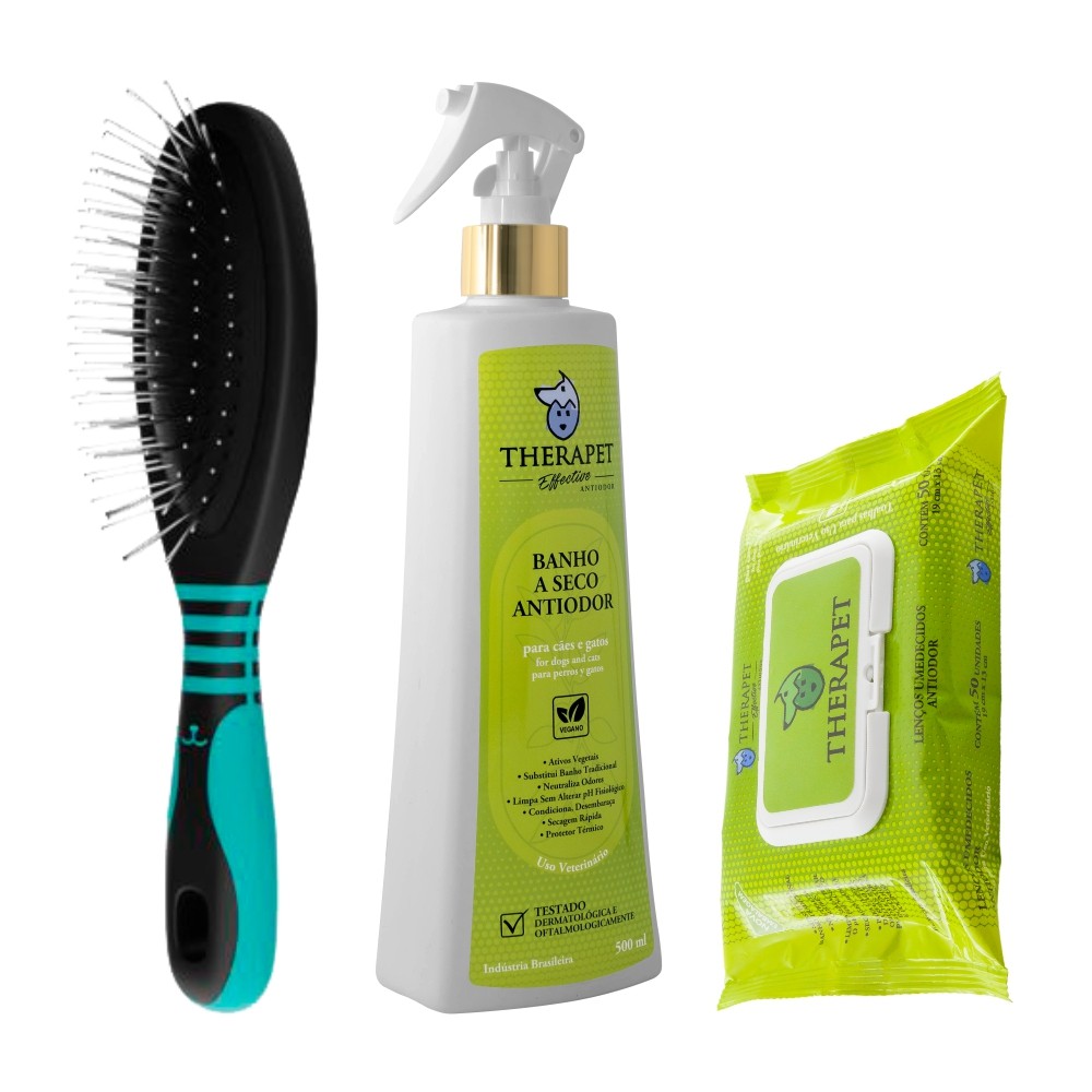 Kit Banho Seco Antiodor 500ml + Lenço Umedecido Therapet + Escova Média Propetz Cães Gatos Original