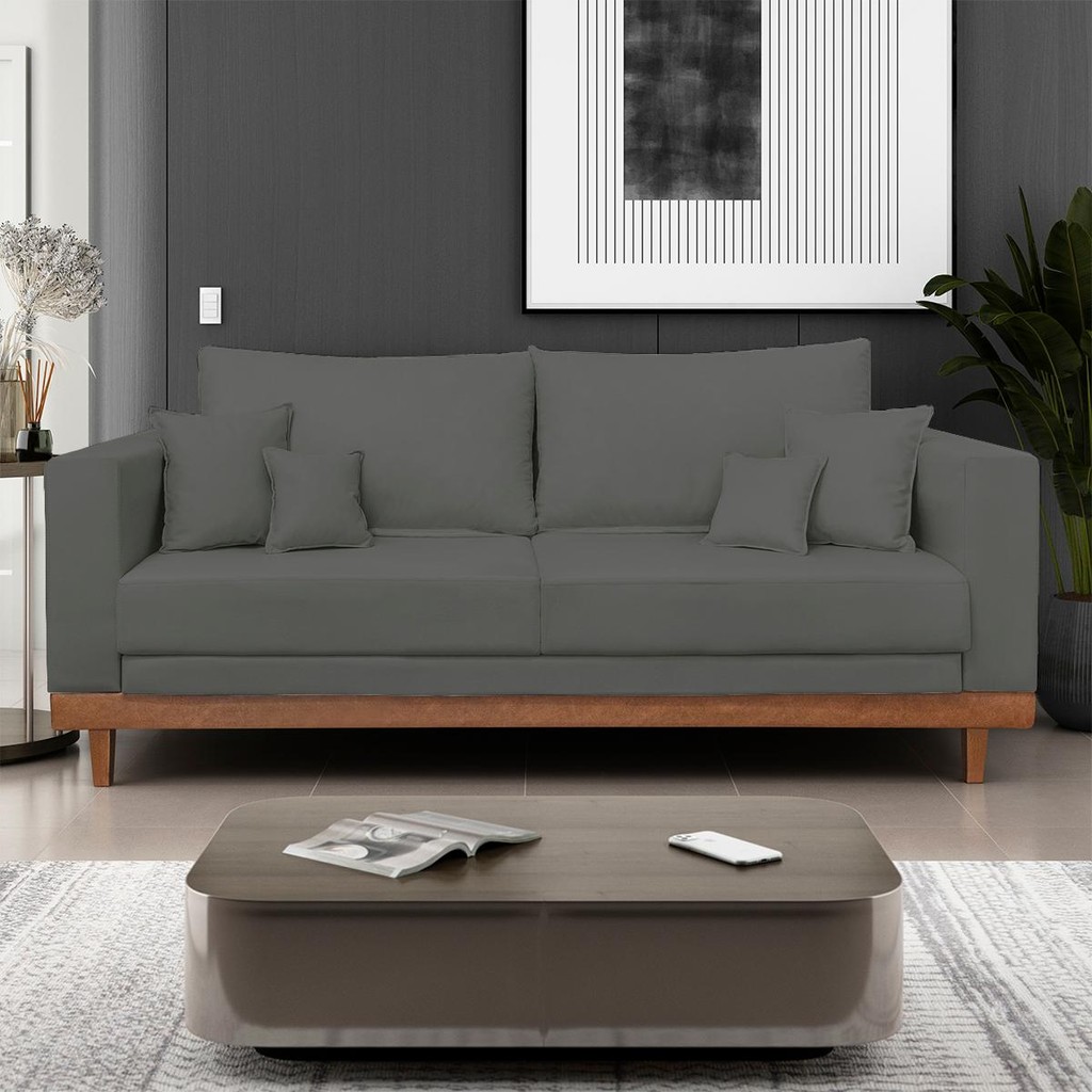 Sofá 3 Lugares Living Com Base Madeira Suede Balaqui Decor