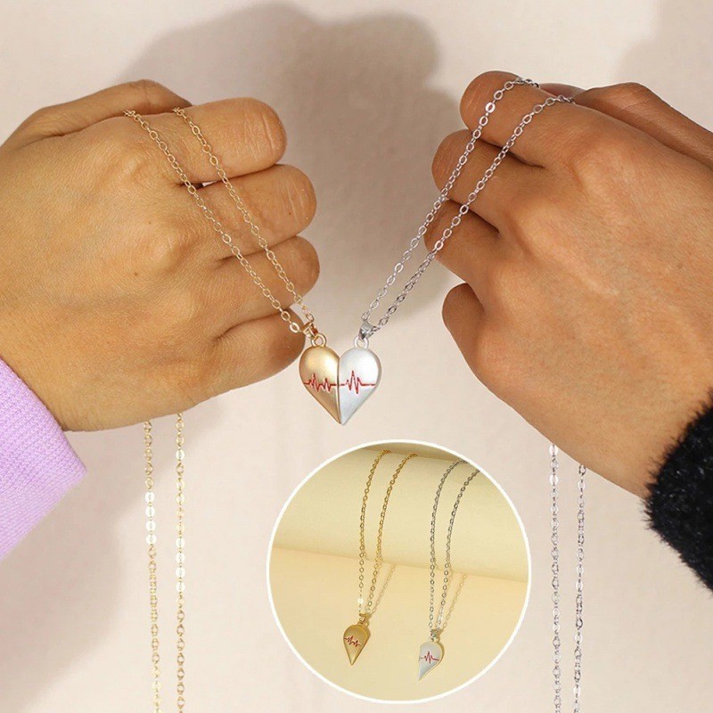 Colar Casal Coração Quebrado Batimento Cardíaco Yin Yang Dourado Prata Pingente Magnético Amor Namorados Presente