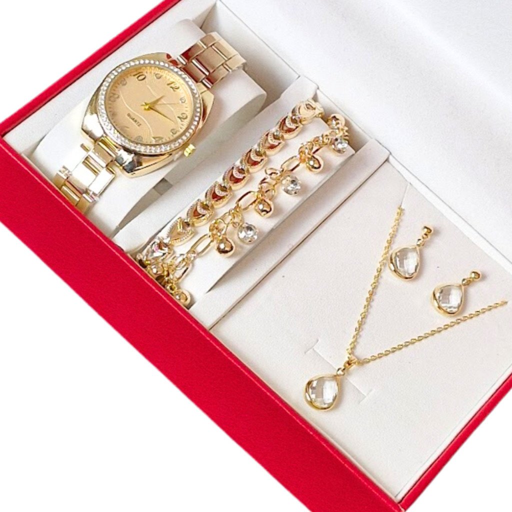 Relógio Feminino Dourado + Colar Brincos Folheado Ouro + Pulseira Feminina com Caixa - Presente dia das Mães em Oferta na Shopee
