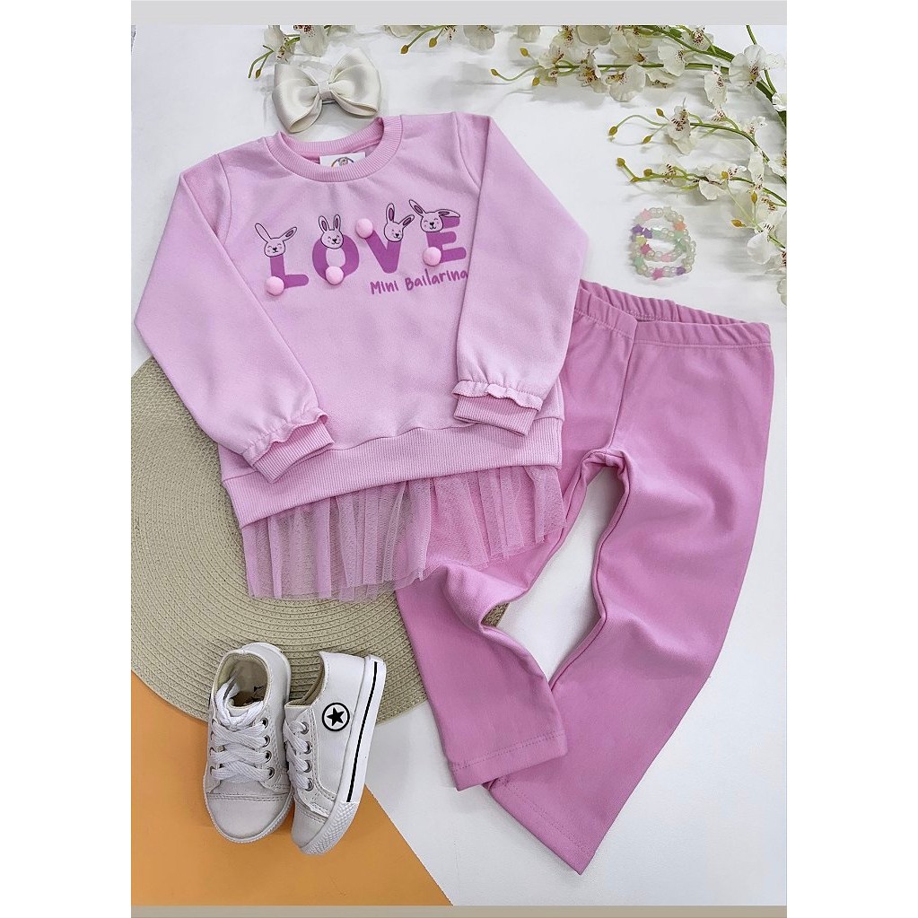 Conjunto Moletom Infantil Menina Blusa Calça Legging Forrada Feminina Rosa Tule Roupa Criança Luana