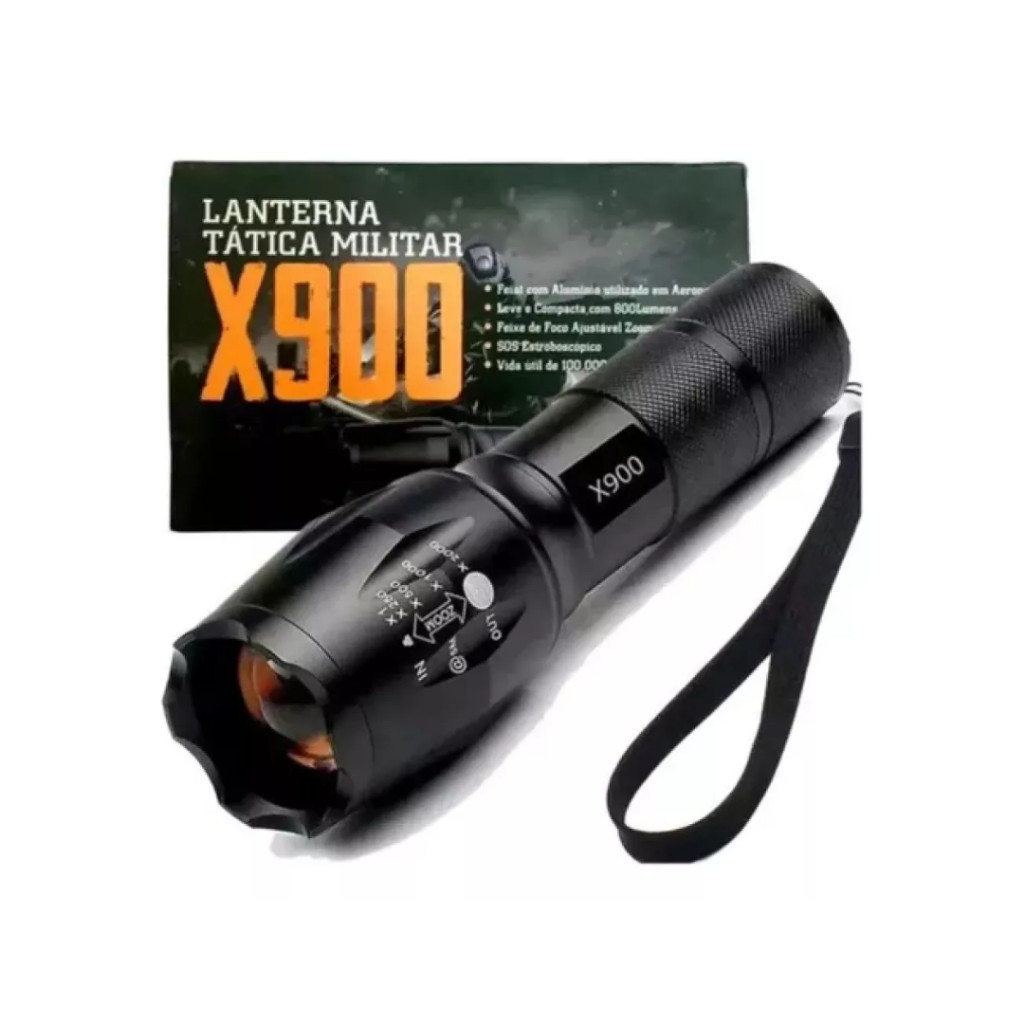 Lanterna Tática X900 LED Recarregável Zoom Longo Alcance Potente Militar Camping