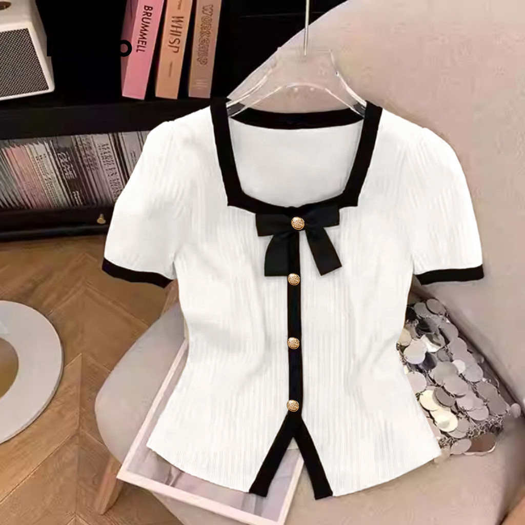 Lovito Camiseta feminina Casual Patchwork Colorblock com botão e laço L129ED594 em Oferta na Shopee