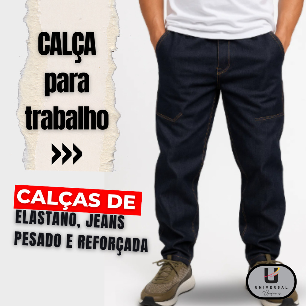 Calça Jeans de Trabalho com Elástico e cadarço – estilo calça de brim reforçada LANÇAMENTO em Oferta na Shopee