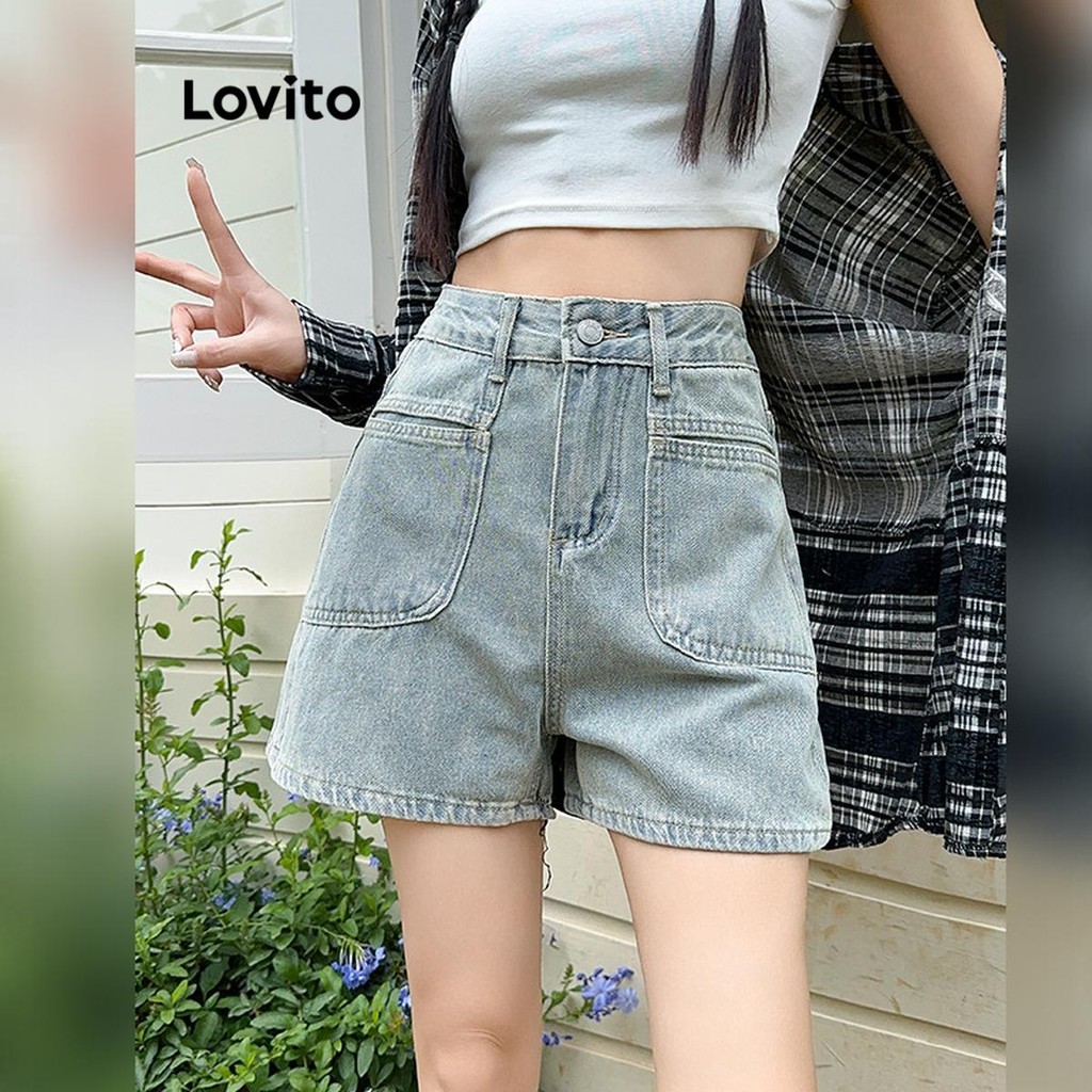 Lovito Shorts Jeans Casuais Lisos Lavados Para Mulheres LNE77393