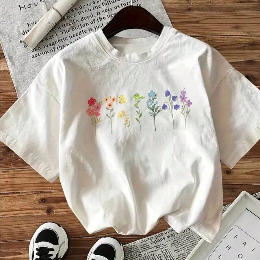 Camiseta Unissex Oversized Plus Size Feminina Masculina T-Shirt Flores Camisa Manga Curta Algodão Estampada Moda
