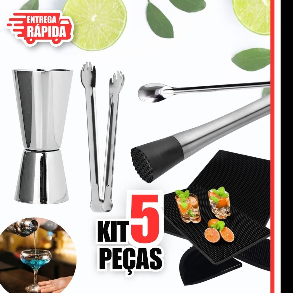 5 peças Pegador de gelo Espremedor, Pinça,Tapete Culinário, Socador, Colher 30cm Dosador duplo Inox