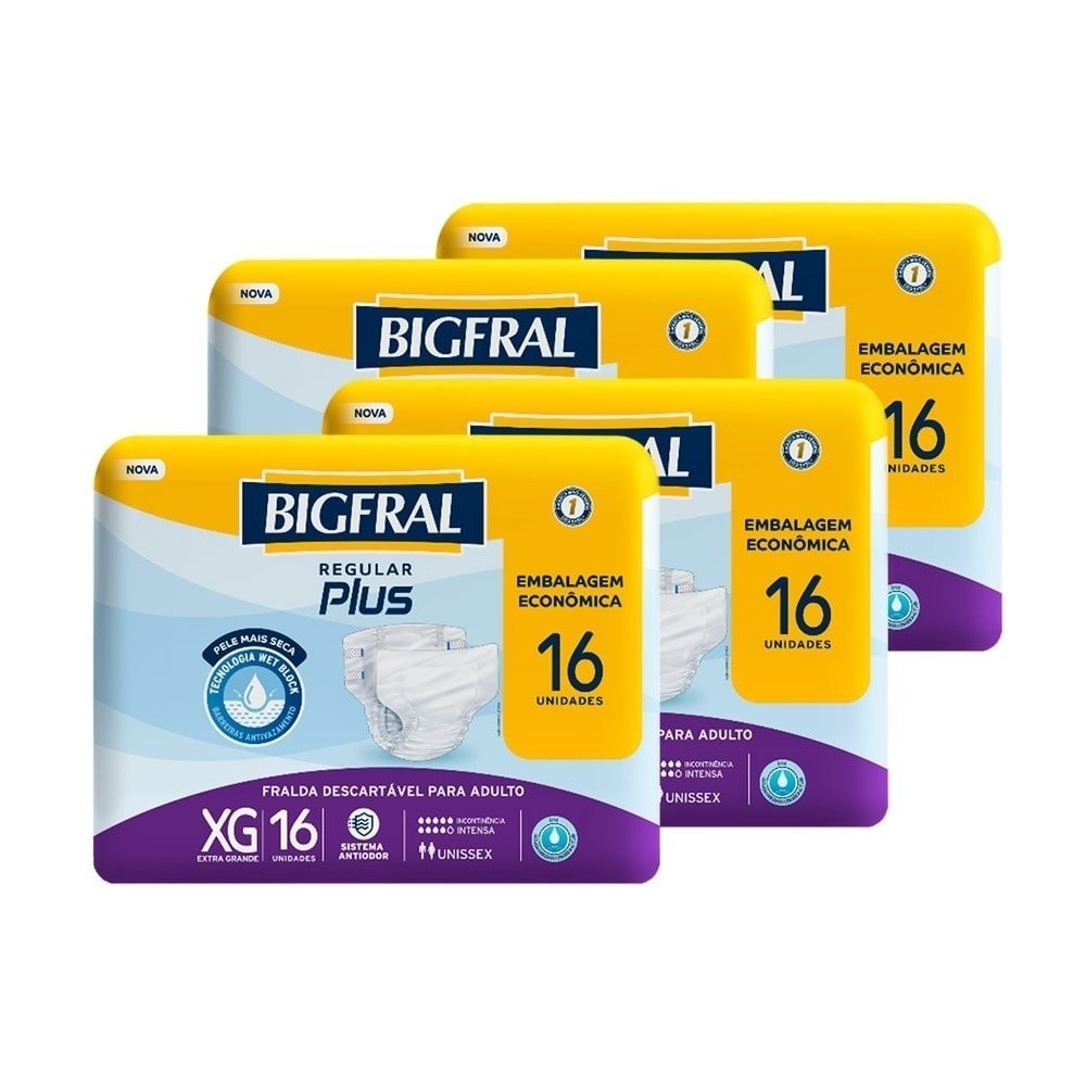 Fralda Geriátrica Bigfral Plus Regular Tamanho XG - 4 Pacotes com 16 Fraldas - Total 64 Tiras - Health