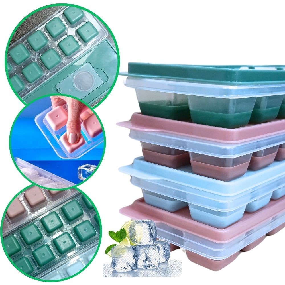 Kit 2 A 4 Formas de Gelo Silicone com Tampa Rígida Flexível Fundo 14 Cubos Retangular Multiuso Lavável Forma Mini Gelo