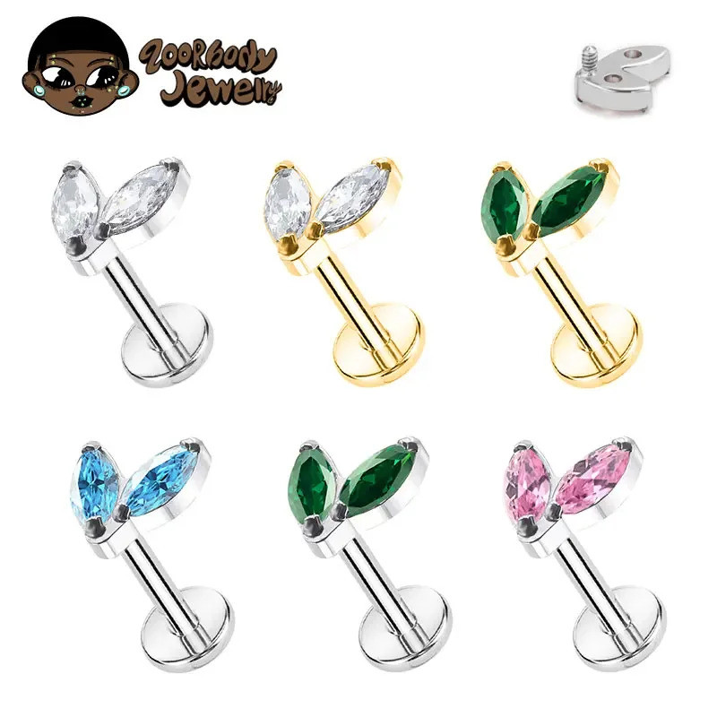 ASTM F136 Piercing Titânio Marquise Dupla CZ Rosca Interna Parte Traseira Plana Labret Helix Tragus em Oferta na Shopee