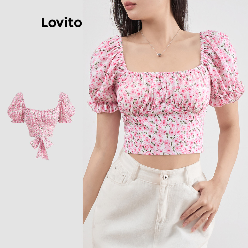 Lovito Blusa elegante com renda floral e flores Ditsy para mulheres L108ED629 - Women Clothes