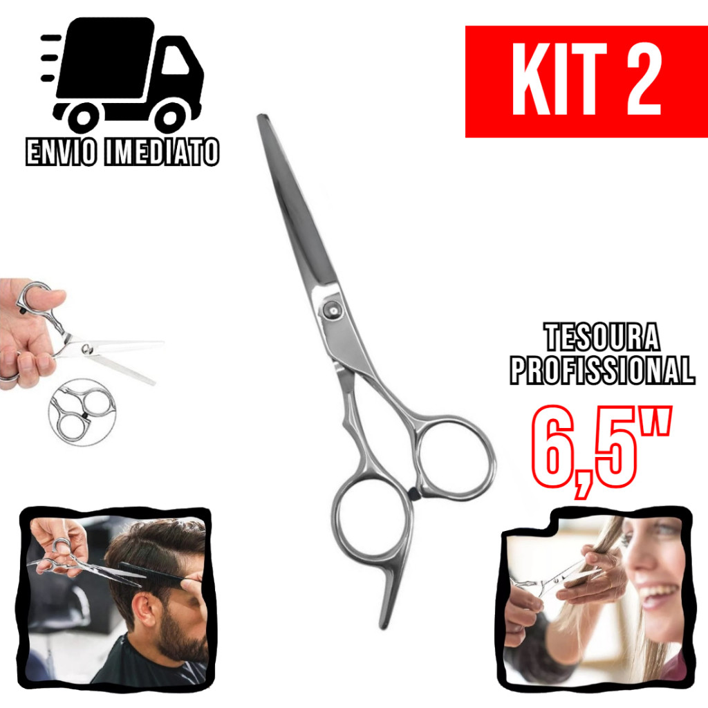 Kit 2 Tesoura Cabeleireiro Profissional 6,5" Aço Inoxidável Barbearia e Salão