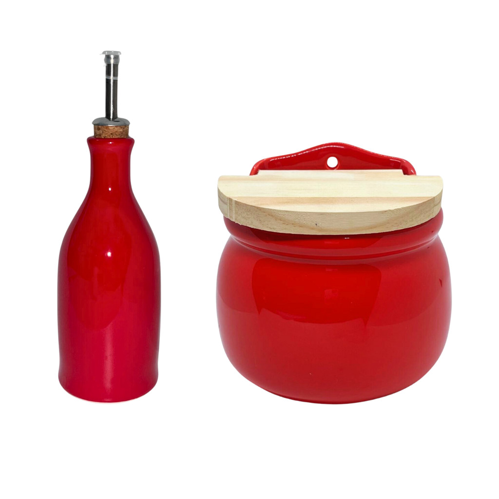 Kit Porta Azeite/Vinagre e Saleiro em Cerâmica Vermelho