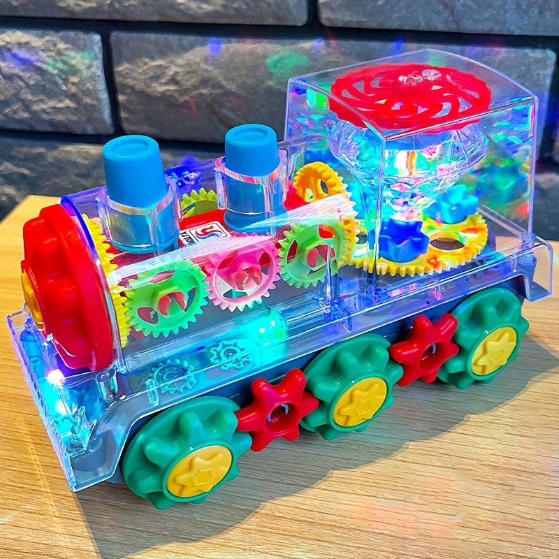 [Escolha Popular] Brinquedo De Trem Transparente Interativo Com Ligação De Engrenagem , Estação Giratória , Luzes E Músi