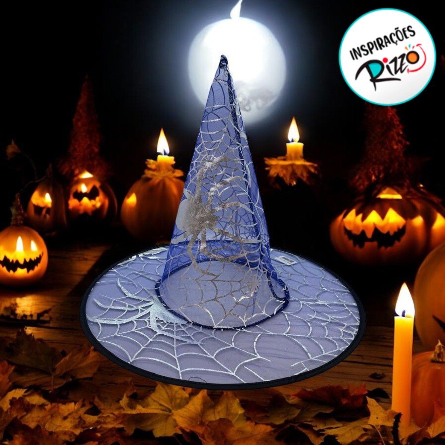 Chapéu de Bruxa Transparente Azul - Aranha Prata - Halloween - 1 unidade - Rizzo · foto 2