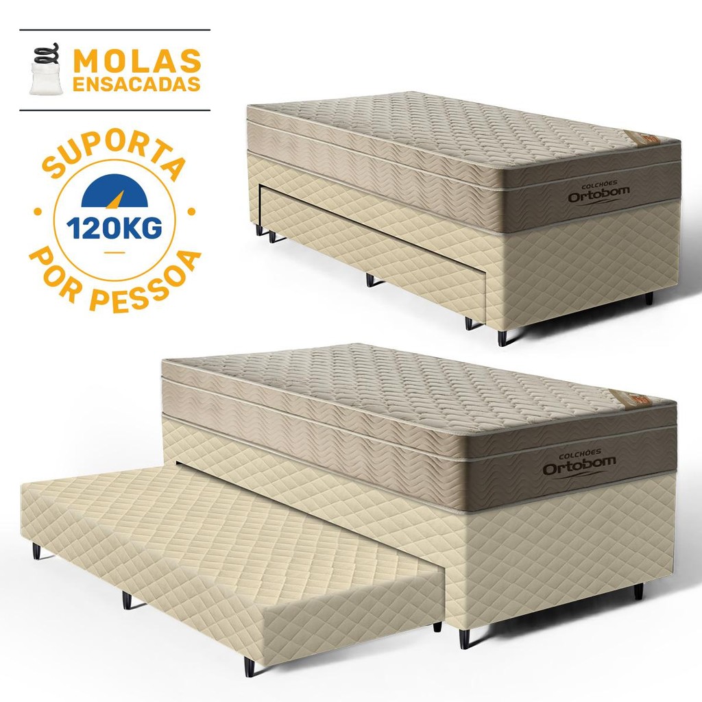 Cama Box + Colchao de Molas Ensacadas Ortobom AirTech SpringPocket + Auxiliar Espuma Solteiro 88cm em Oferta na Shopee