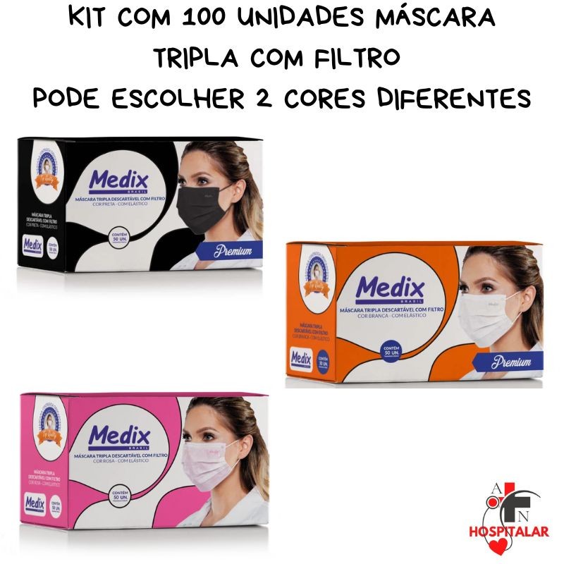 Kit 100 Unidades Máscara Tripla Descartável Com Filtro Preta Medix Branca Rosa Preta