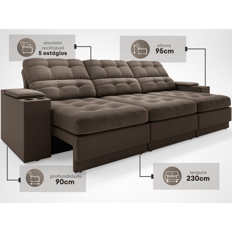 Sofá com Porta Copos e Carregador USB Eureka 2,30m Assento Retrátil e Reclinável Velosuede Marrom - NETSOFAS · foto 2