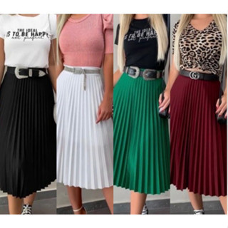 Saia Feminina Plissada Midi  Com Forro Lisa em Oferta na Shopee