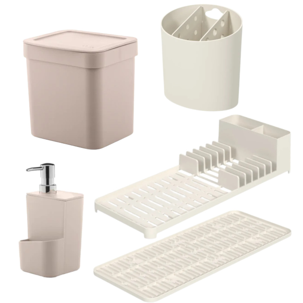 Kit Escorredor Com Tapete Lixeira Dispenser Escorredor de Talher