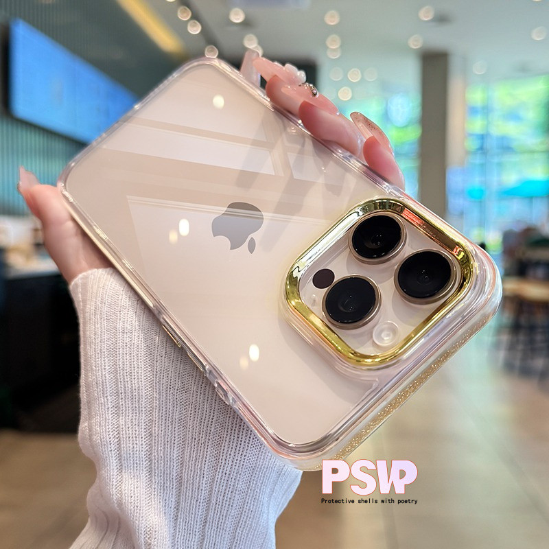 Capa Acrílica Transparente Luxuosa Com Glitter Para iPhone 16 15 14 13 12 11 normal