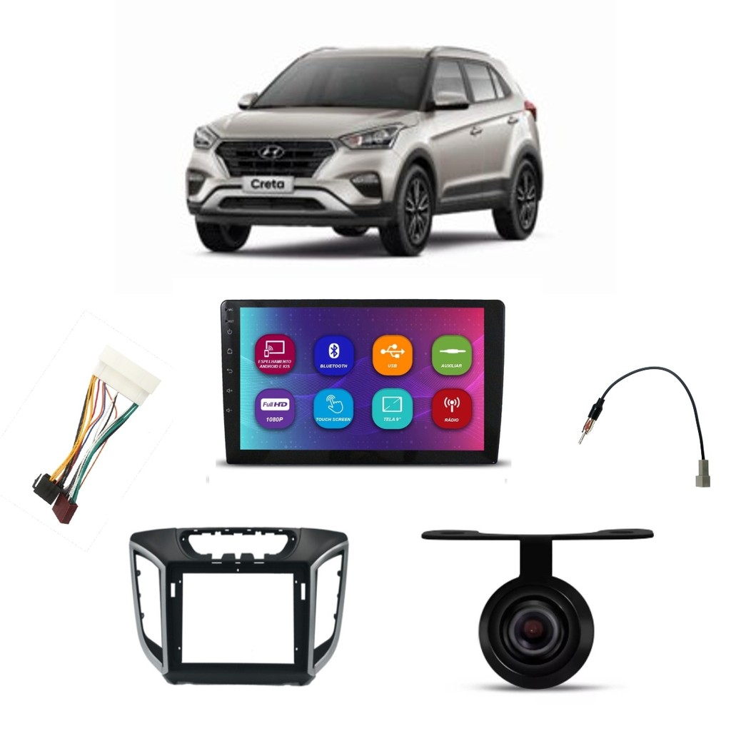 Central Multimídia Voolt CM9116 9 Hyundai Creta 2017-2020 Android IOS+Chicotes+Câmera de Ré+Moldura