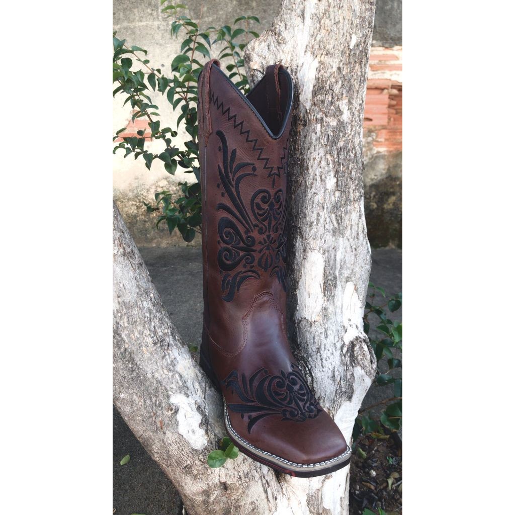 Bota Texana Country Feminina Em Couro Legitimo Bordado Trib Bronw em Oferta na Shopee