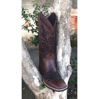Bota Texana Country Feminina Em Couro Legitimo Bordado Trib Bronw em Oferta na Shopee