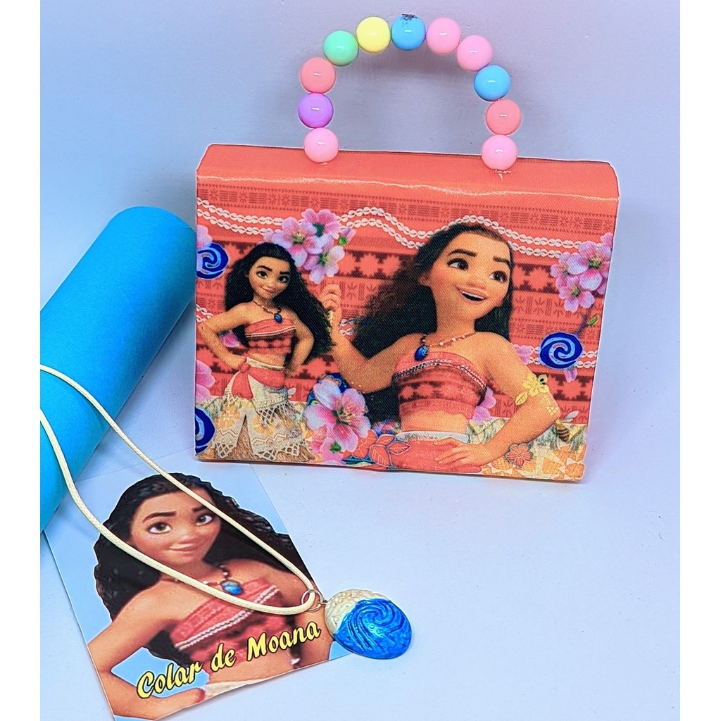 Kit Bolsa Infantil Mini Bag Cute Princesa Moana o Filme Alça Mão Pérola + Colar Gargantilha com Pingente 3D para Criança