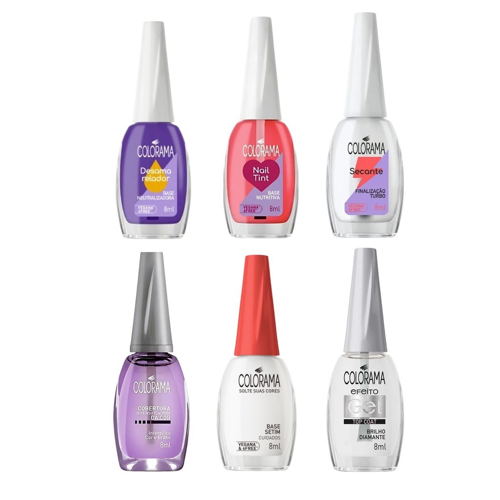Kit 6 Bases Colorama Secante Nutritiva Desamareladora Extra Brilho 8ml