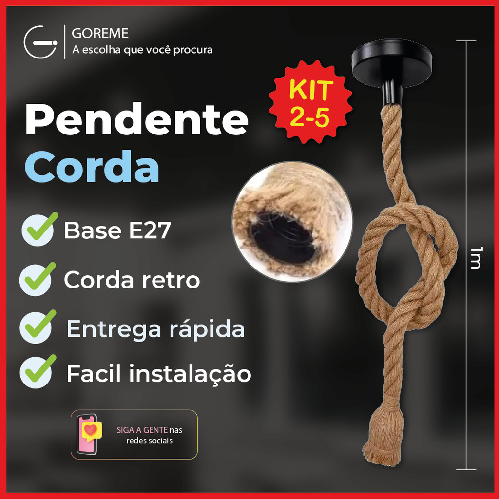 kit1/2/3 Pendente Corda 1M Retro Vintage Rústico Sisal E27 Para Decoração Com Detalhes Pérola Preta